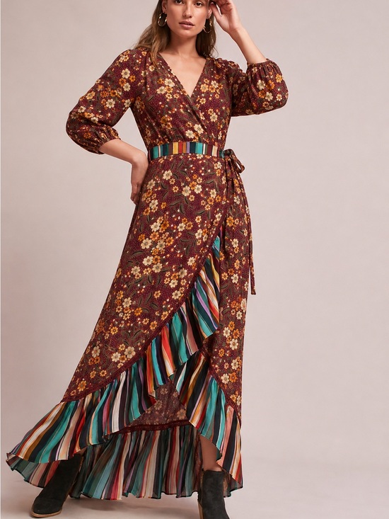 FARM Rio Dresses & Skirts - FARM Rio Burgundy Floral Maxi Wrap Dress with Multicolor Striped Trim